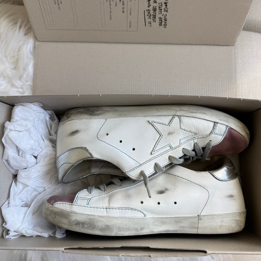Golden Goose Superstar Sneaker White Leather Turquoise Stitching EU 38/8US - Picture 3 of 12